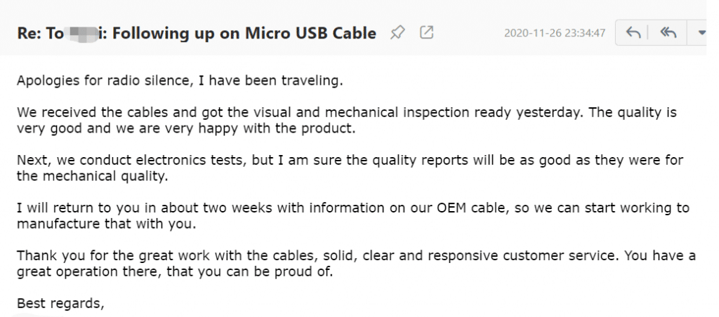 MICRO USB CABLE manufacturer customer feedback